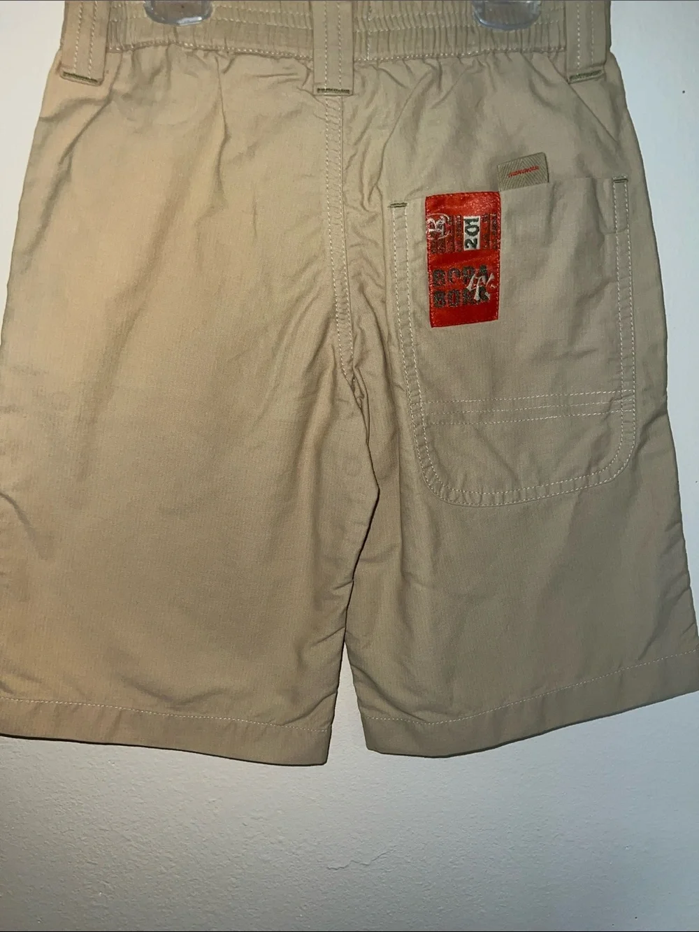Tan Cargo Shorts with Velcro Pocket Flaps and Cool Bora Bora Island Patch​
